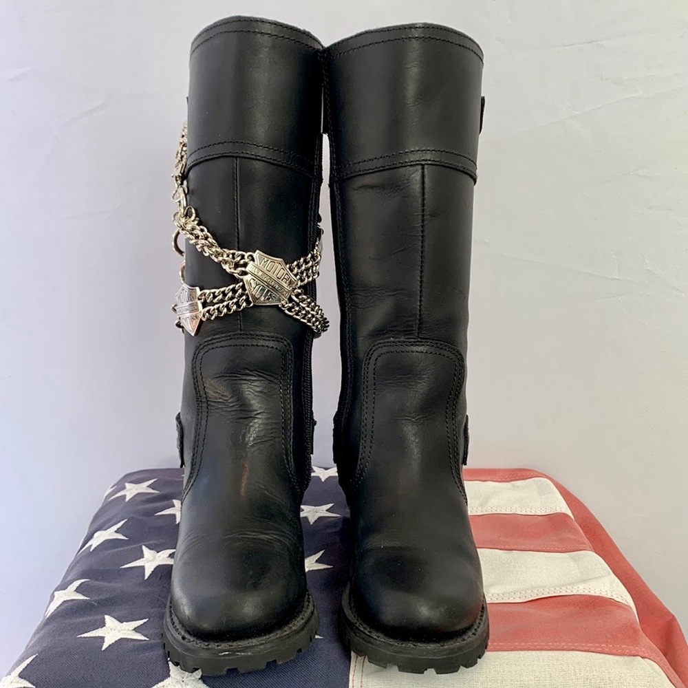 HARLEY-DAVIDSON Black Leather Lace Up Zip Tall Knee High Biker Moto Boots 6.5 - Picture 7 of 10